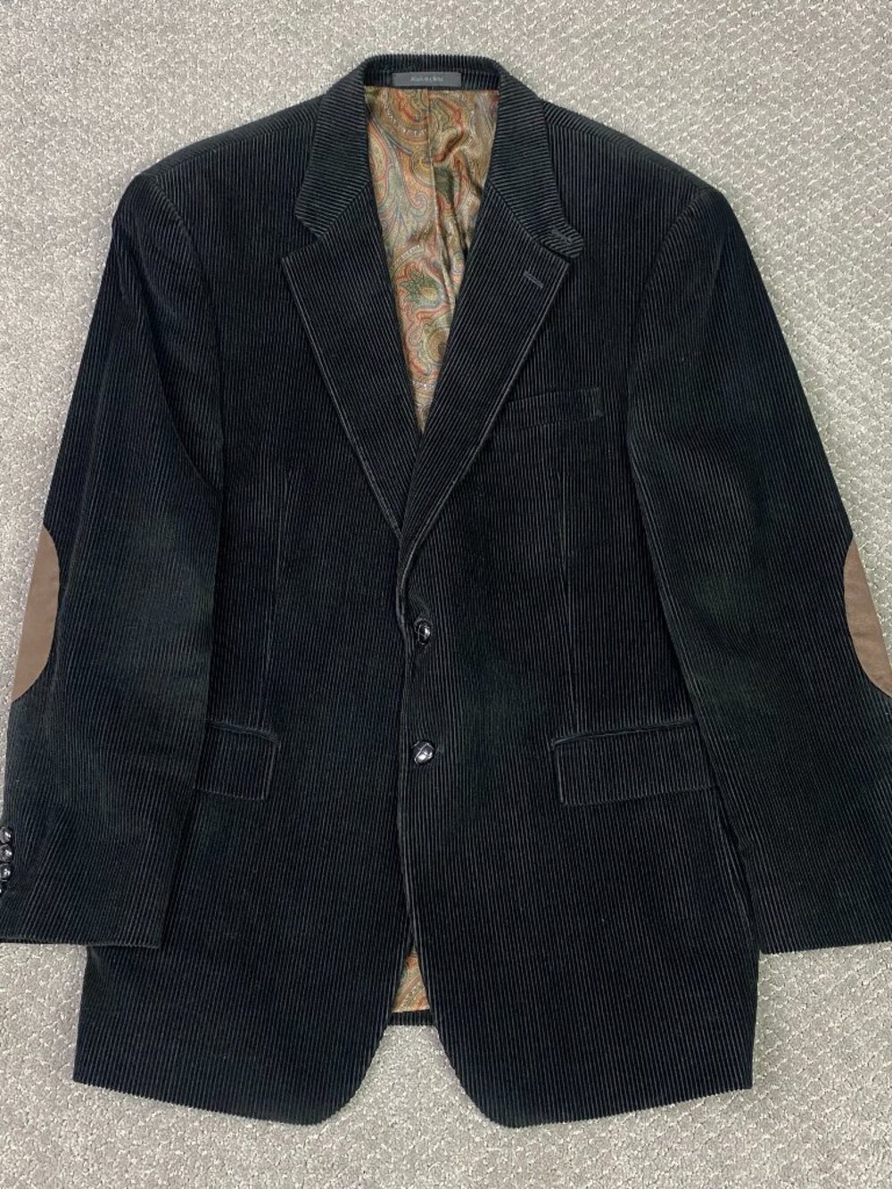 Lauren Ralph Lauren Corduroy Blazer Mens 41R Black Elbow Patches Paisley Lining